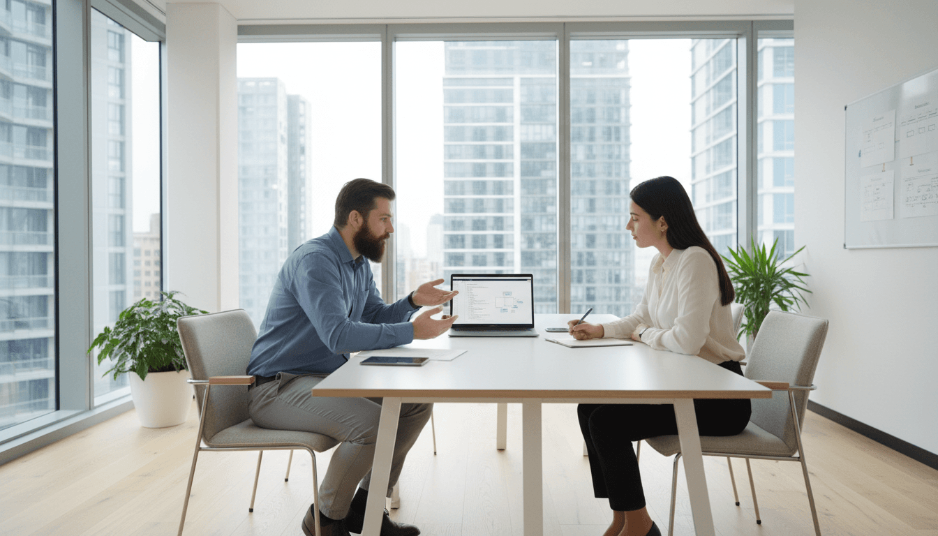 Business consultation with software developer in a modern office