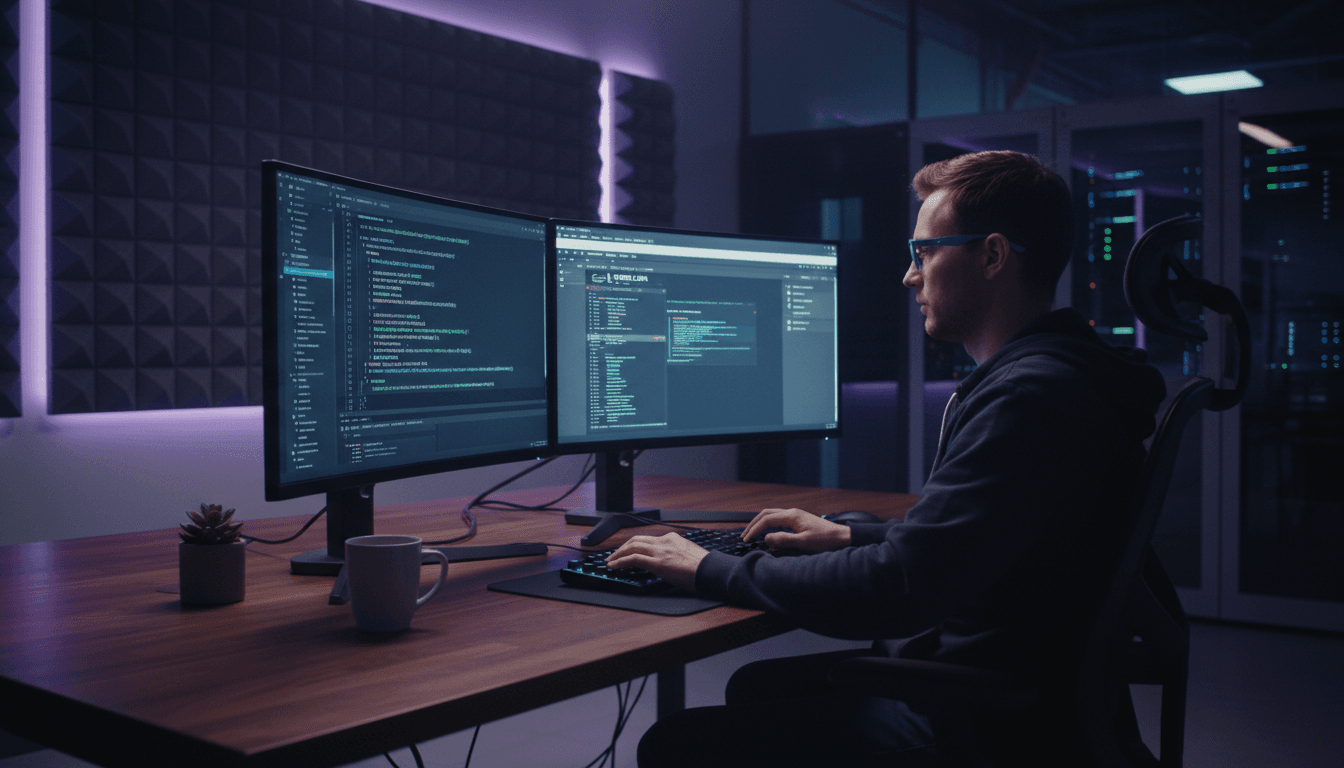 Developer writing code on dual monitors in a modern office
