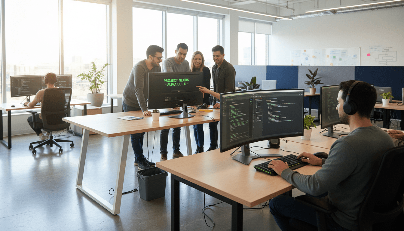 Software development team collaborating in a modern office
