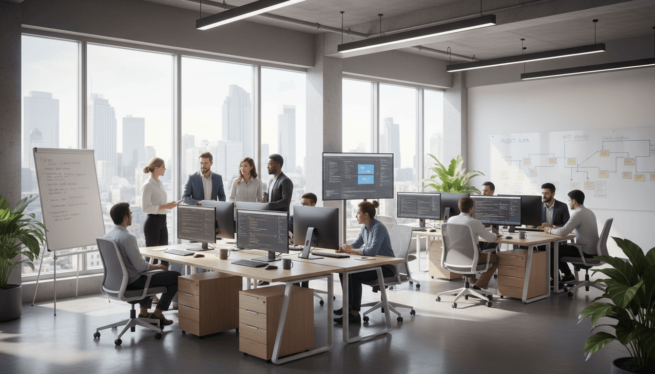 Developers collaborating in a bright modern office