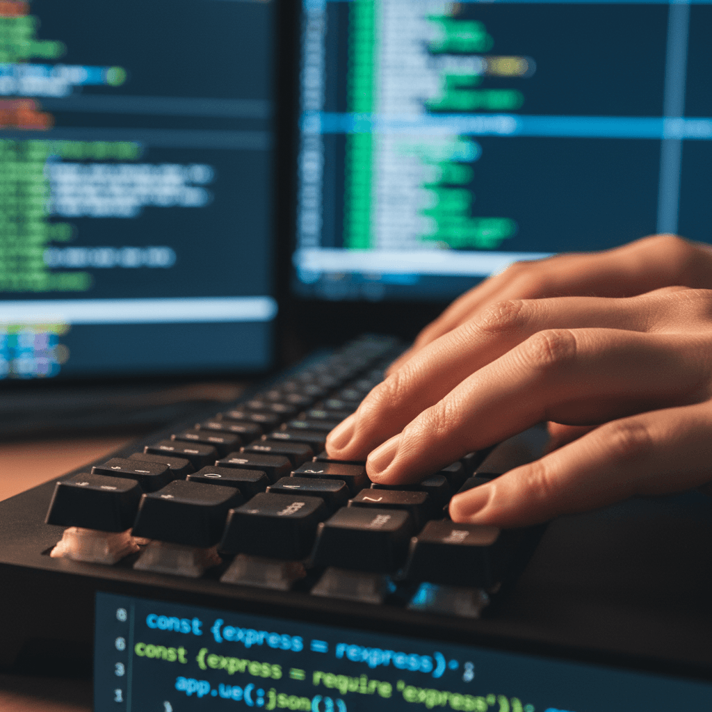 Close-up of hands typing code on a keyboard