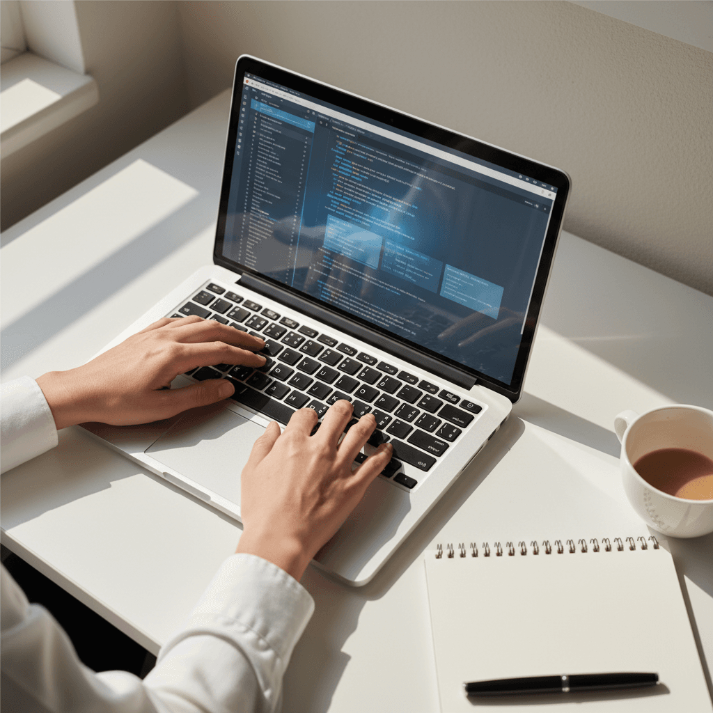 Developer writing code on a laptop at a clean modern desk