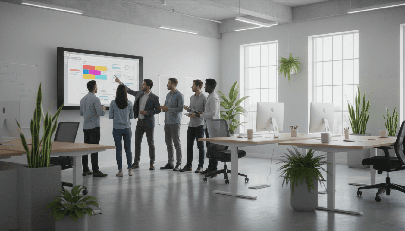 Team reviewing a software project at a whiteboard in a modern office