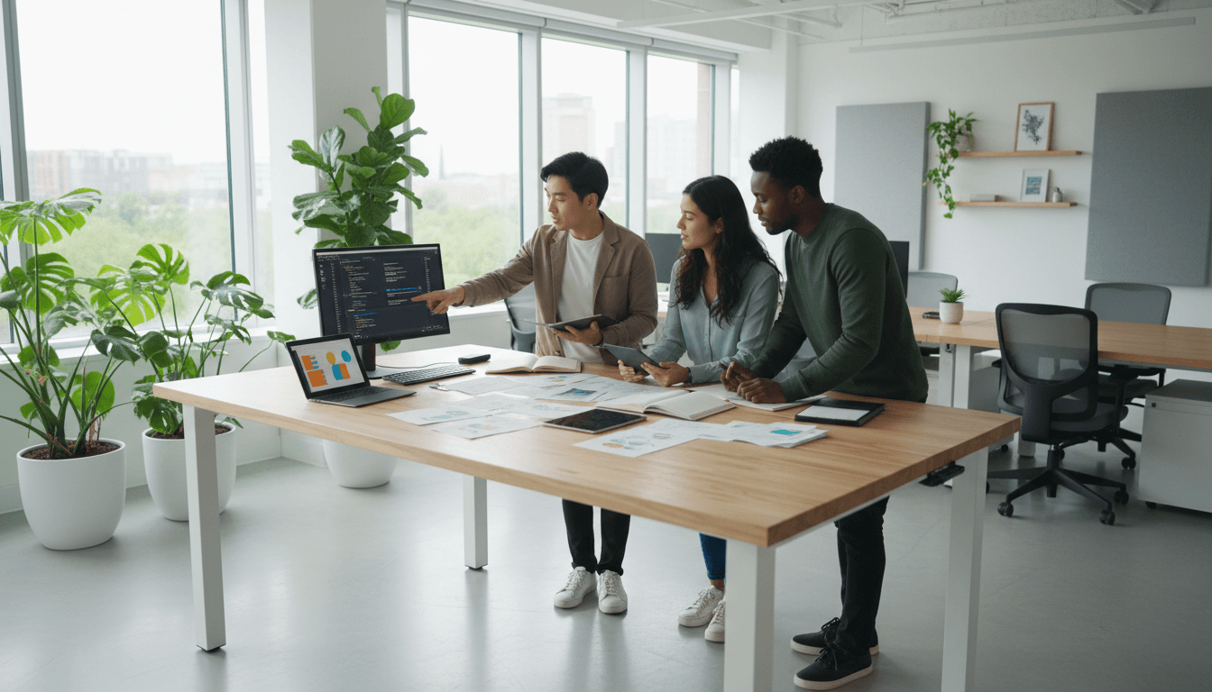 Developers collaborating on custom software in a bright modern office