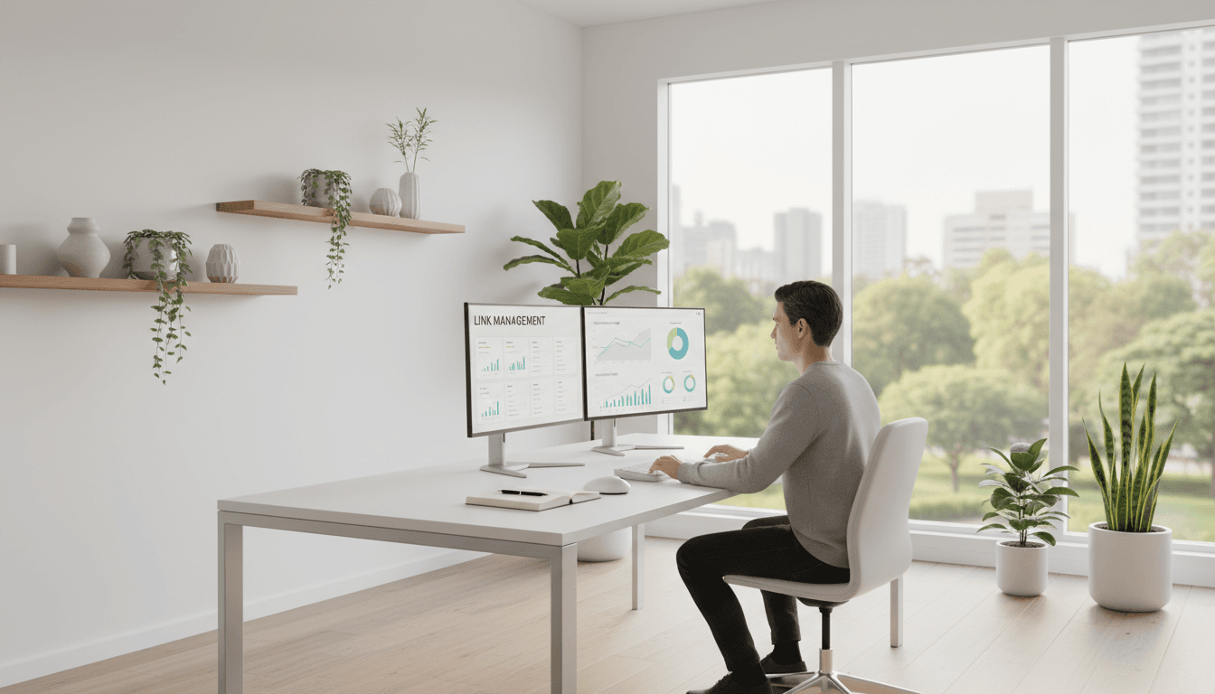 Clean desk setup with dual monitors in a modern bright office