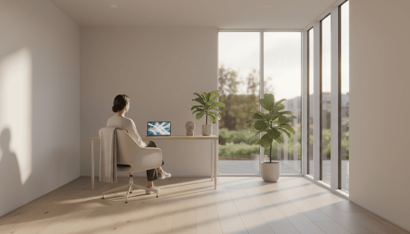 Minimalist office with a plant and natural light, calm and modern