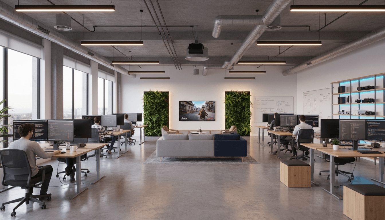 Software developers collaborating in a bright, modern studio office